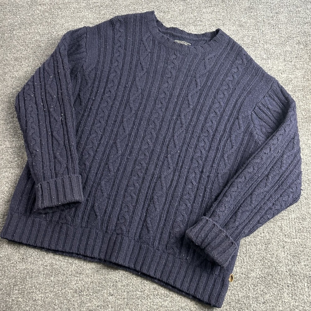 American Eagle Outfitters Sweater Mens Large Blue 100% Wool Cable Knit Crewneck